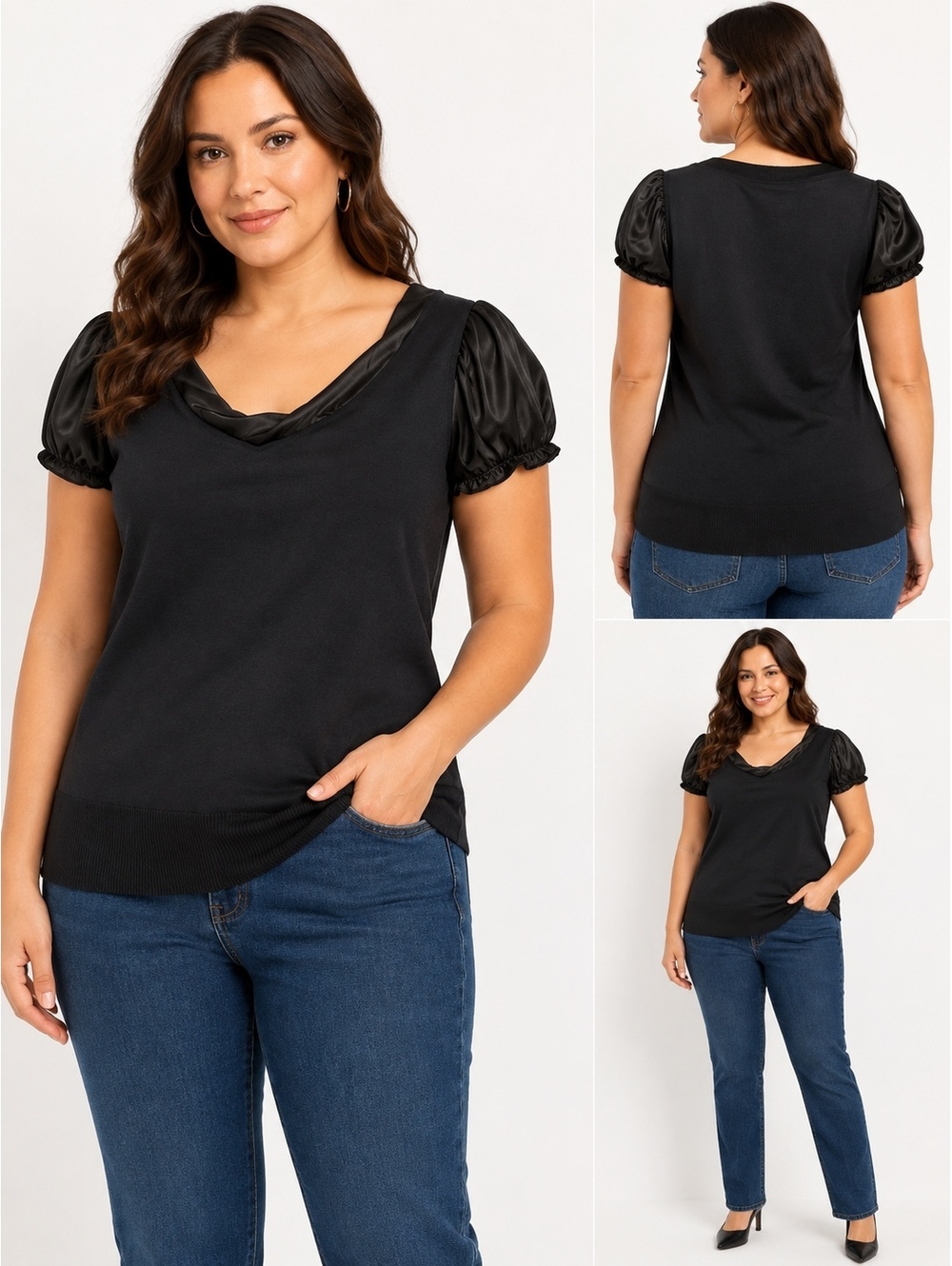 apt 9 Women's Black Short Sleeve Sweater with Satin Puff Sleeves, Size M
